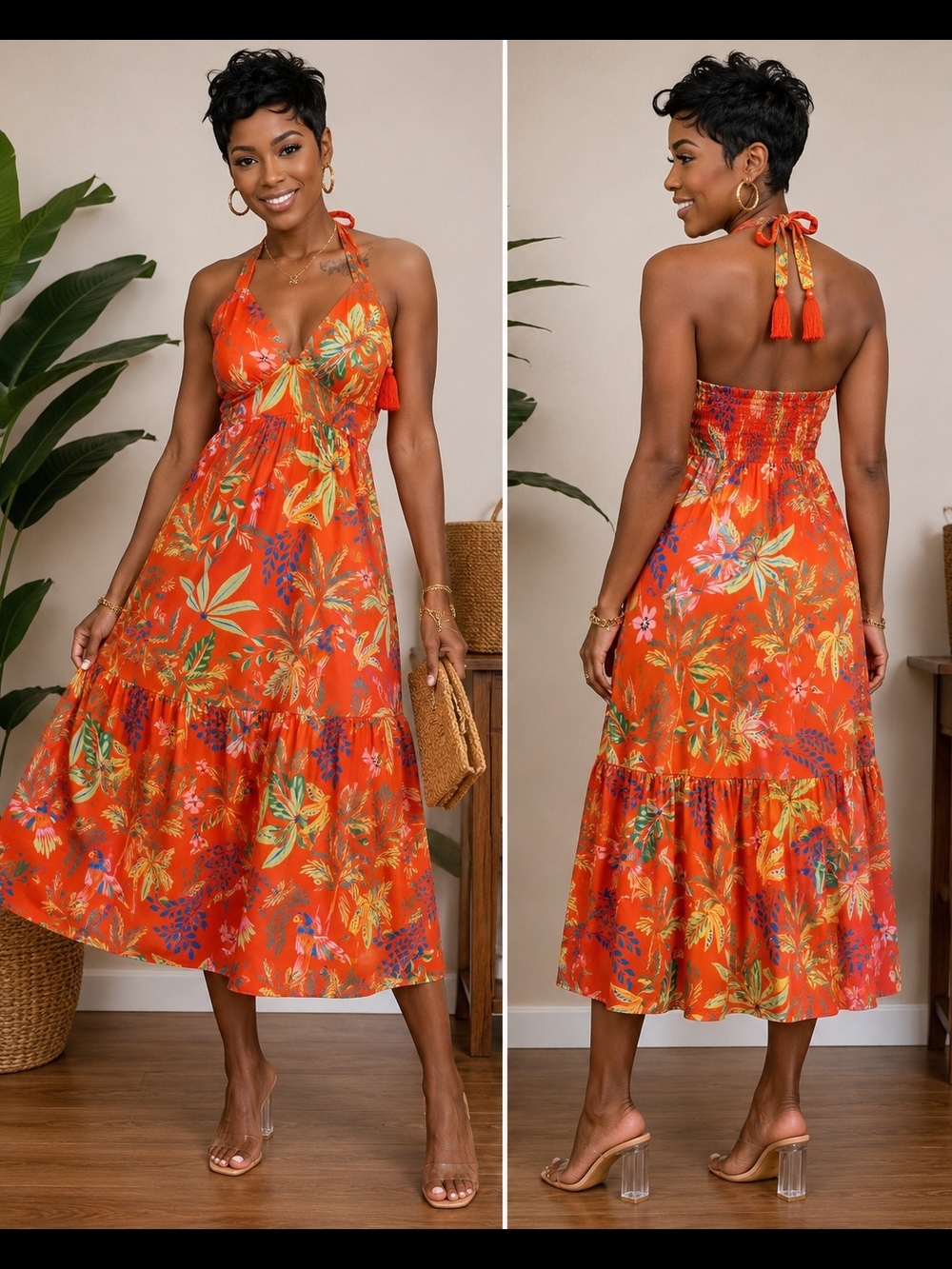 Chelsea & Violet Tropical Halter Midi Dress Size 4 Orange Resort Vacation Dress